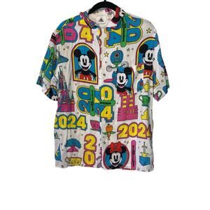 2024 Disney World 4 Parks Figment Mickey Icons White Button Up Shirt Size M